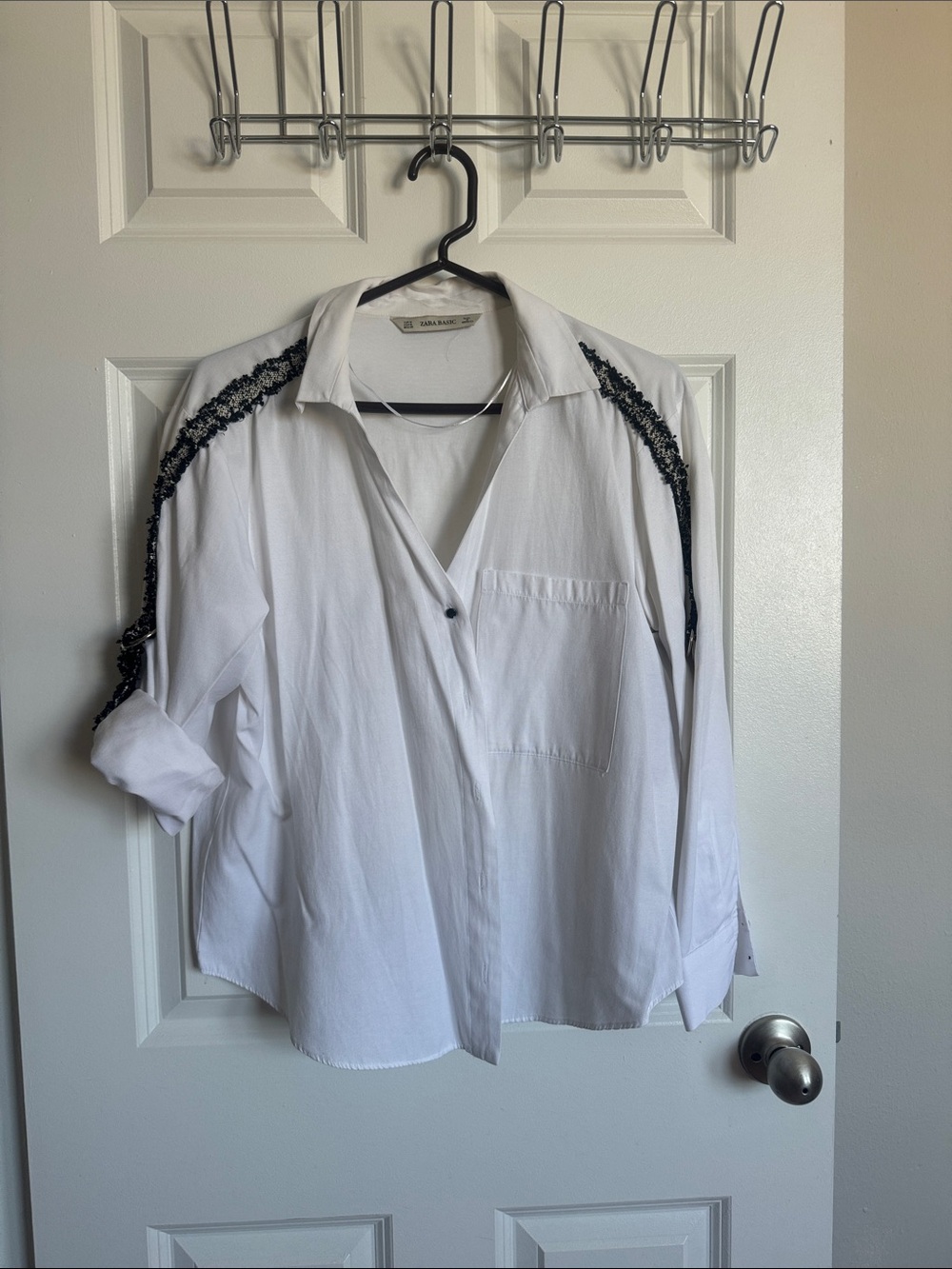 Zara White Button-Up Blouse with Black Beaded Shoulder Detail